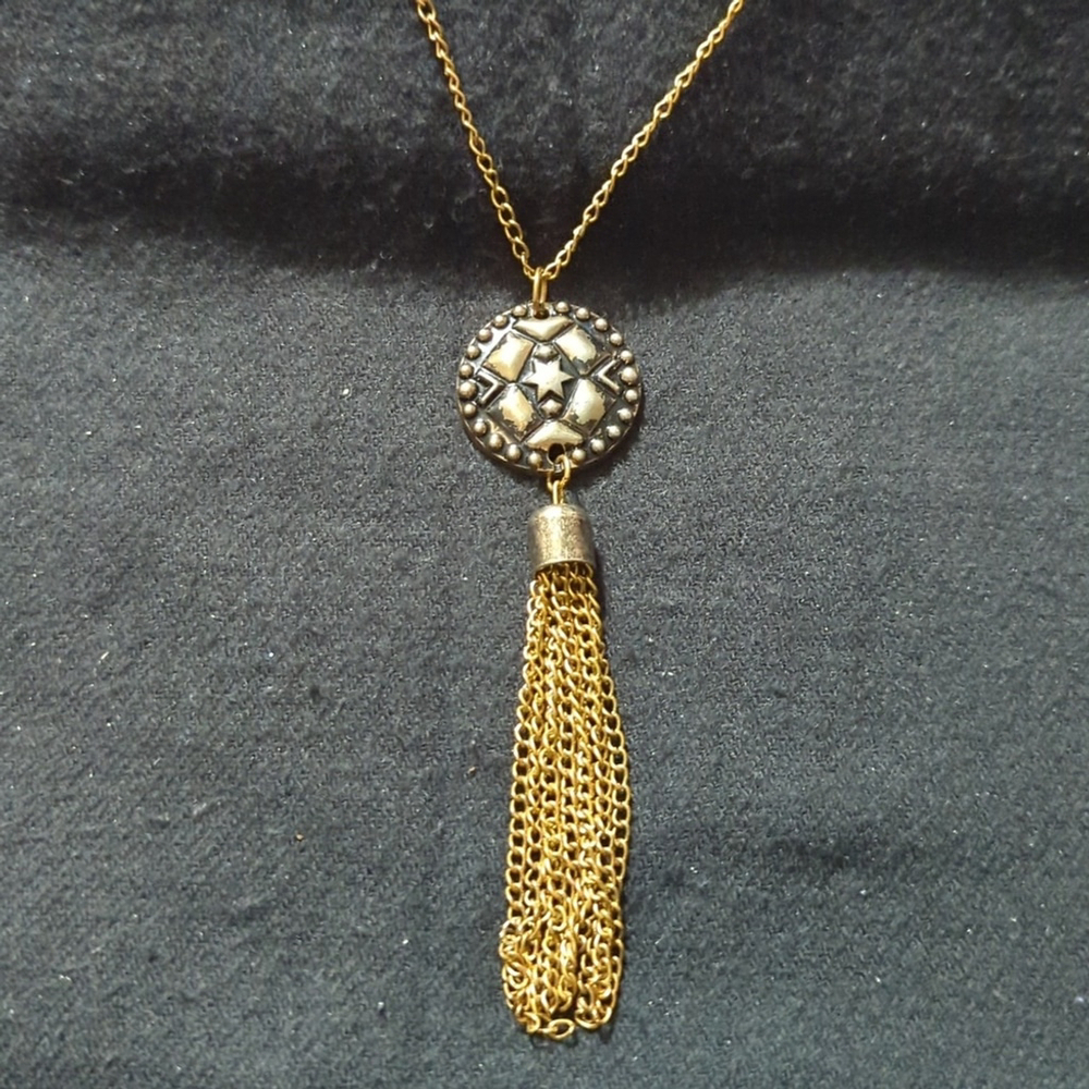Brass Tone Disc Chain Fringe Dangle Pendant Statement Necklace